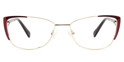 Vkyee prescription oval/cat-eye women eyeglasses in metal material, front color red.
