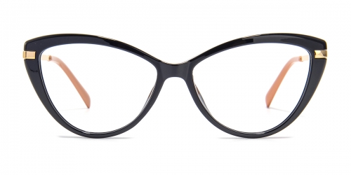 Vkyee prescription cat-eye women eyeglasses in mixed materials, front color black.