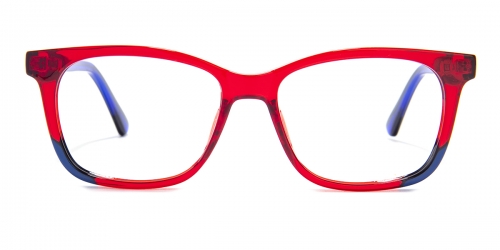 Vkyee prescription rectangle unisex eyeglasses in mixed materials, front color red-blue.