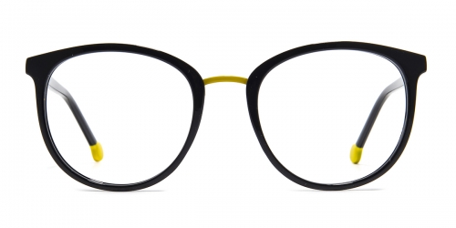 Vkyee prescription round female eyeglasses in mixed materials, front color black.