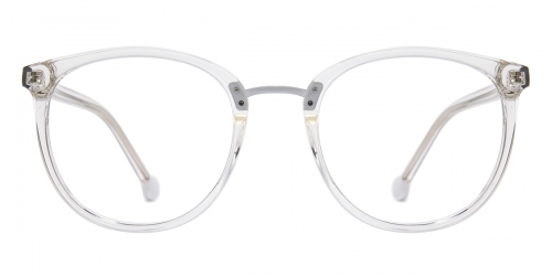 Vkyee prescription round female eyeglasses in mixed materials, front color transparent.