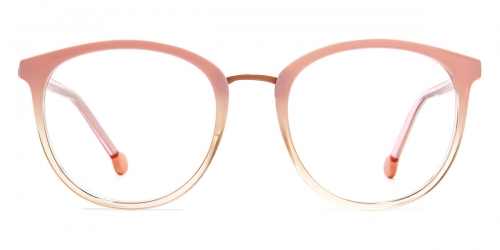 Vkyee prescription round female eyeglasses in mixed materials, front color orange pink.