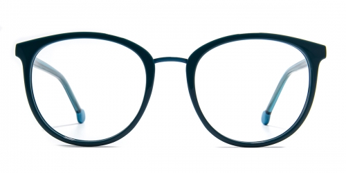 Vkyee prescription round female eyeglasses in mixed materials, front color blue-green.