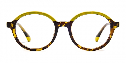 Vkyee prescription round female eyeglasses in TR90 materials, front color tortoise.