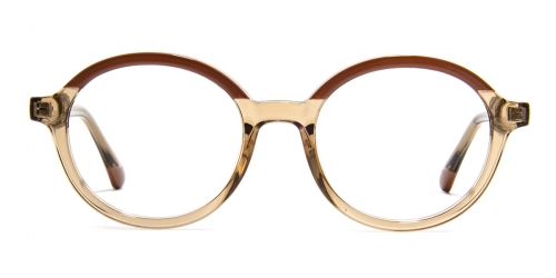 Vkyee prescription round female eyeglasses in TR90 materials, front color brown.
