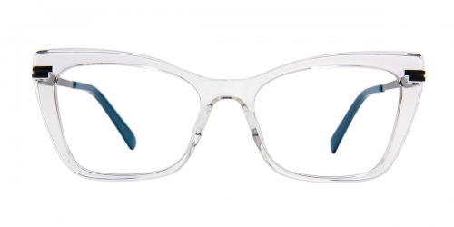 Vkyee prescription cat-eye female eyeglasses in mixed materials, front color transparent.