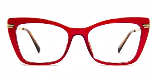 Vkyee prescription cat-eye female eyeglasses in mixed materials, front color red.