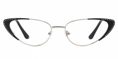 Vkyee prescription cat-eye women eyeglasses in metal materials, front color black.