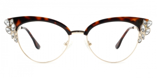 Vkyee prescription female eyeglasses in cat-eye shape made by mixed material, front color tortoise.