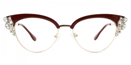 Vkyee prescription female eyeglasses in cat-eye shape made by mixed material, front color red