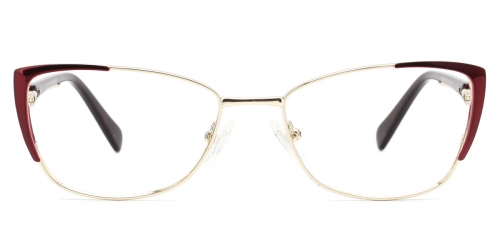 Vkyee prescription oval/cat-eye women eyeglasses in metal material, front color red.
